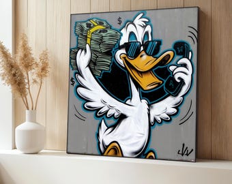 Cool Duck Canvas Painting, Money Cartoon Wall Art, Funny Graffiti Style Decor, Office Decor, Rich Bird Artwork, Playful Gift For Teen Room