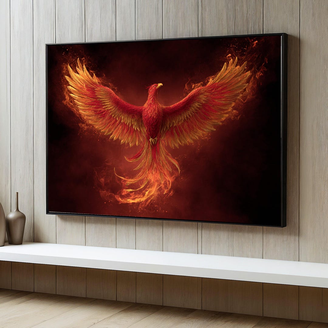 Fiery Phoenix Rising Canvas Wall Art, Mythical Bird With Spreading ...