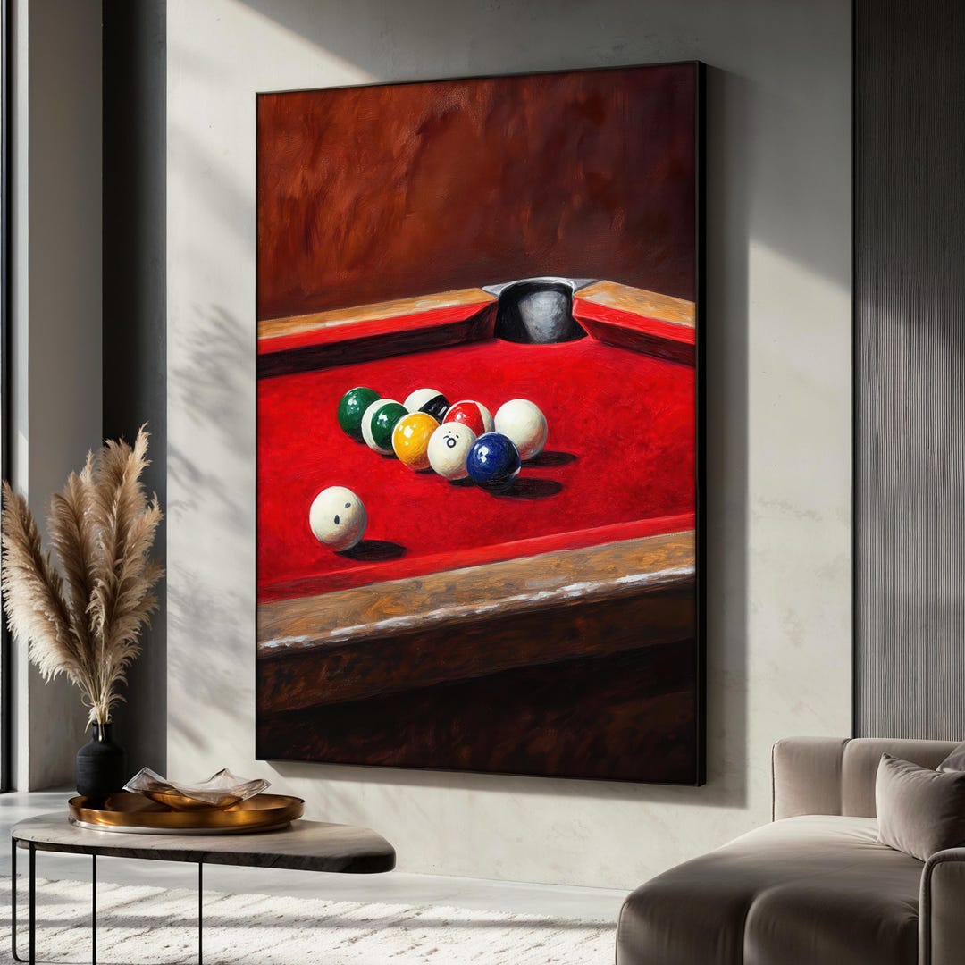 Billiards Canvas Painting, Red Pool Table Wall Art, Game Room Decor ...