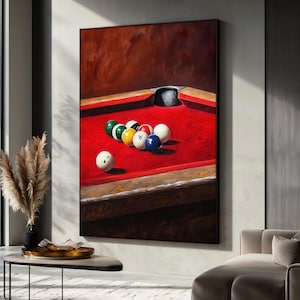 Peut inclure: Une peinture représentant un billard avec un tapis de feutre rouge et un groupe de boules de billard de différentes couleurs, dont le blanc, le rouge, le jaune, le bleu et le vert. Les boules sont disposées en grappe sur la table, avec une boule blanche légèrement séparée du groupe.