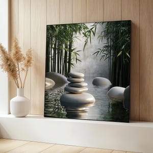 Zen Stones And Bamboo Canvas Painting, Tranquil Water Wall Art, Peaceful Nature Decor, Spa Room Poster, Relaxing Art Gift, Calm Vibe Artwork