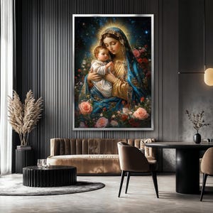 May include: A painting of the Virgin Mary holding a baby Jesus. The painting is set against a dark blue background with stars and surrounded by flowers.