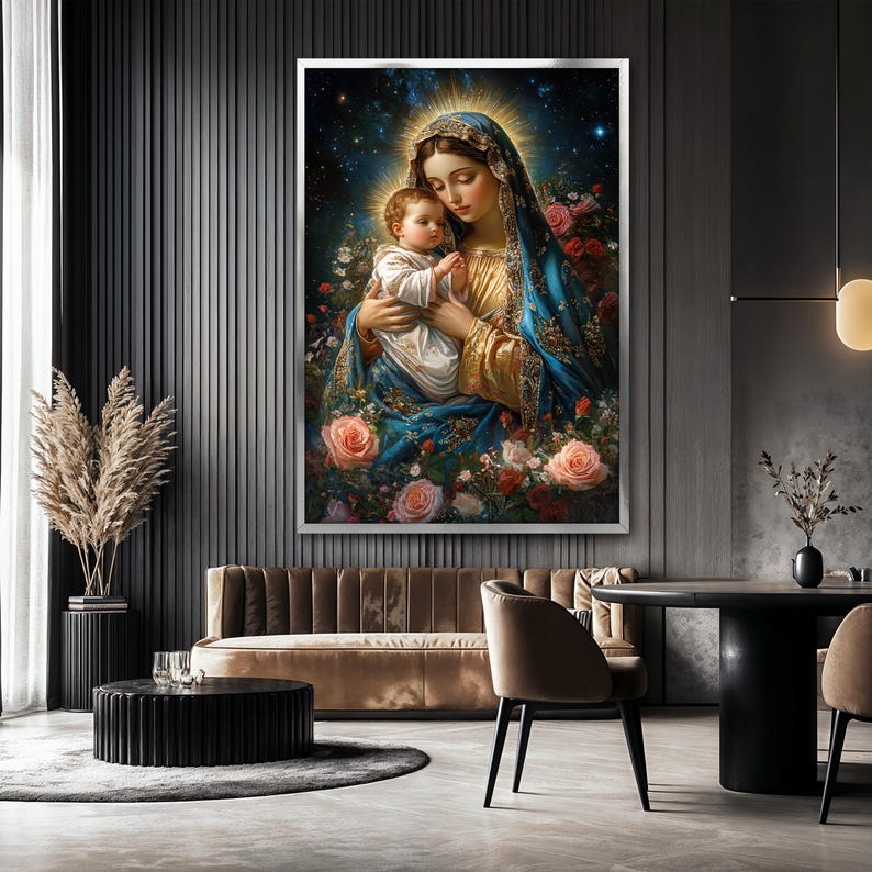 May include: A painting of the Virgin Mary holding a baby Jesus. The painting is set against a dark blue background with stars and surrounded by flowers.