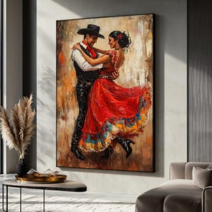 情熱的なフラメンコダンスのキャンバス絵画、スペインのカップルの壁プリント、ロマンチックなラテンダンスのホームデコレーション、部屋の装飾、恋人への鮮やかなギフト