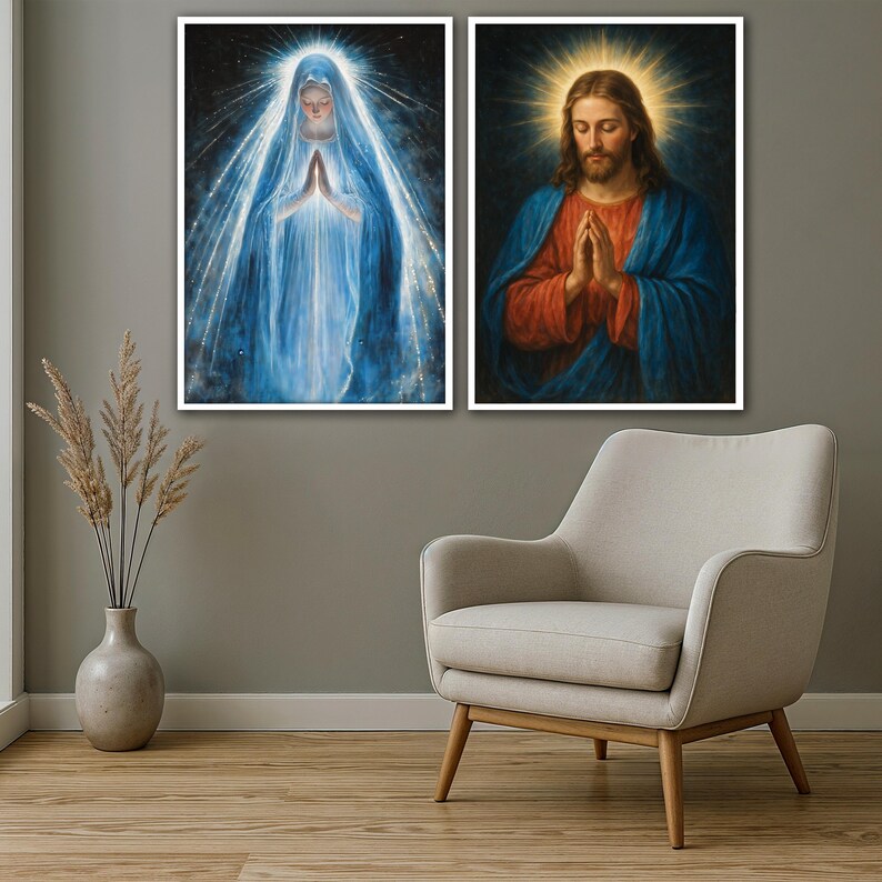 Jesus and Virgin Mary Set of 2 Canvas, Holy Religious Wall Art With ...