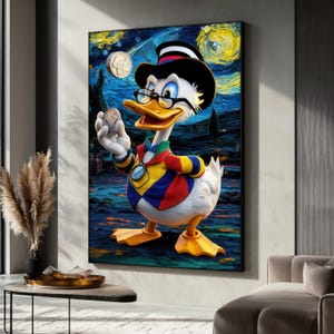 Cuadro de pato colorido, arte de dibujos animados divertido, decoración de pared única, arte de personajes modernos, regalo de arte caprichoso, arte mural pop