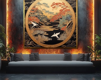 Golden Japanese Landscape Canvas Painting – Cranes and Autumn Trees in Circular Frame Wall Art for Elegant Oriental Home Décor or Gift