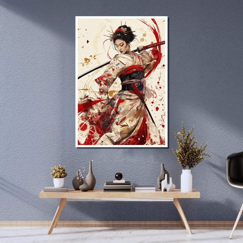 May include: A digital painting of a woman in a traditional Japanese kimono holding a katana sword. The woman has long black hair and is wearing a red sash. The background is a light beige with red and white splatters of paint.