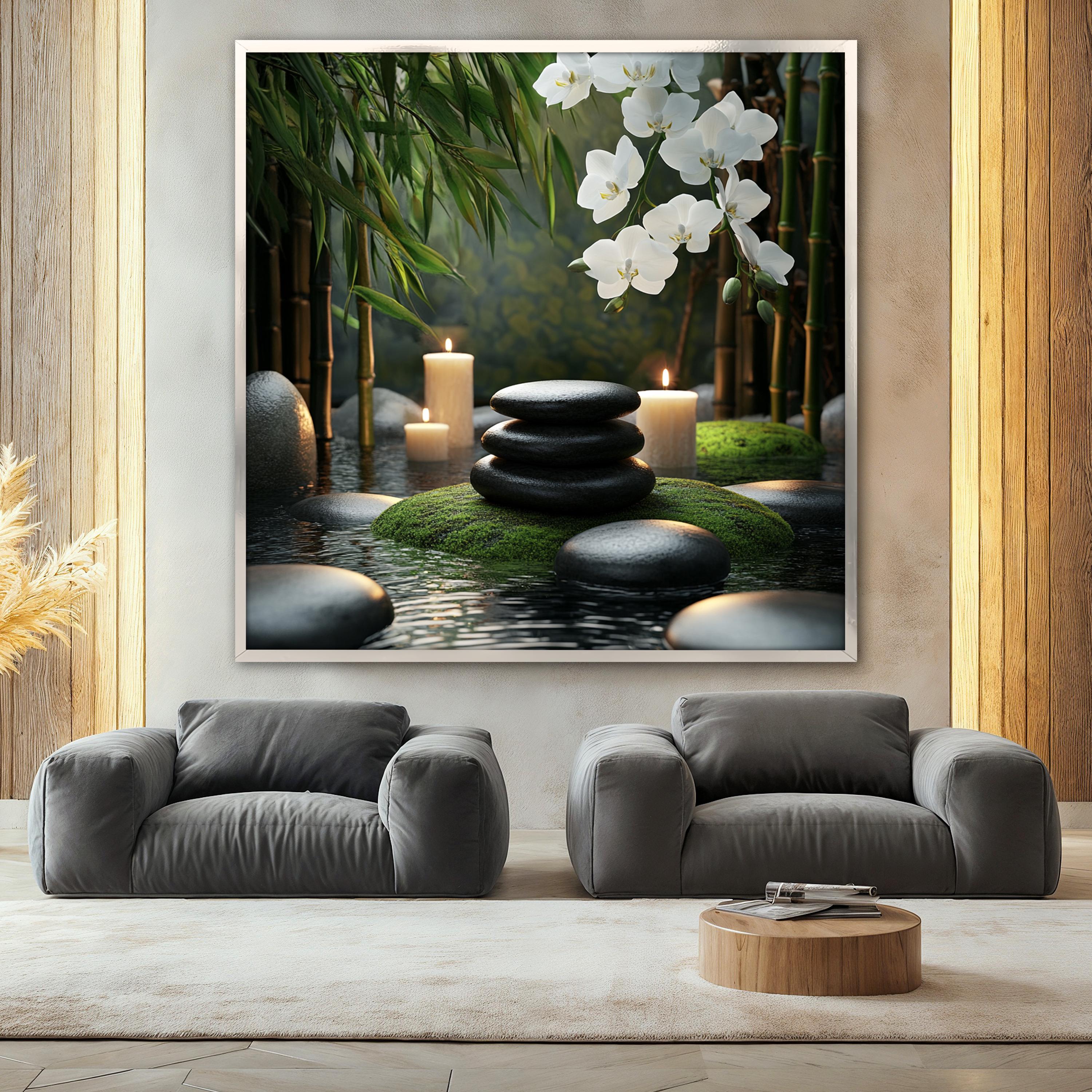 Zen Spa Canvas Painting, Bamboo Stones and Orchid Wall Art