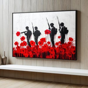 Soldier Canvas Painting, Red Poppy Wall Art, War Memorial Artwork, Modern Street Style, Bold Military Decor, Unique Gift For Veterans