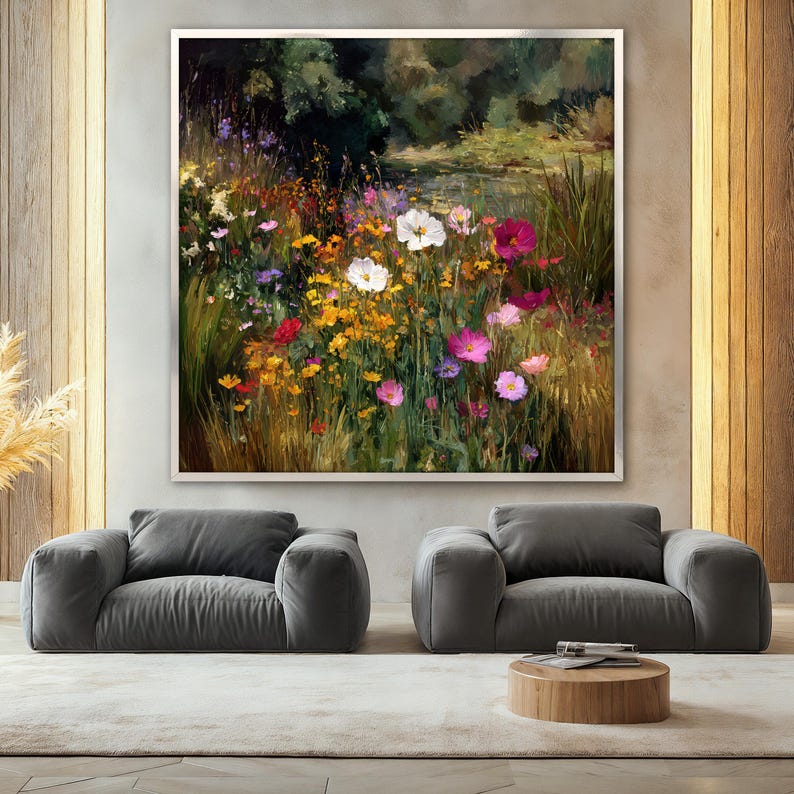Wildflower Meadow Canvas Painting, Colorful Floral Landscape Wall Art ...