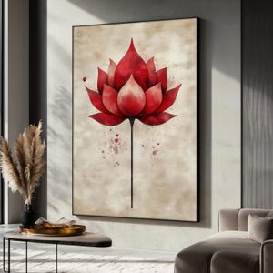 Modern Red Lotus Canvas Painting, Minimalist Floral Wall Art for Home or Office Decor, Bold Zen Artwork, Zen Decoration, Unique Gift for Her
