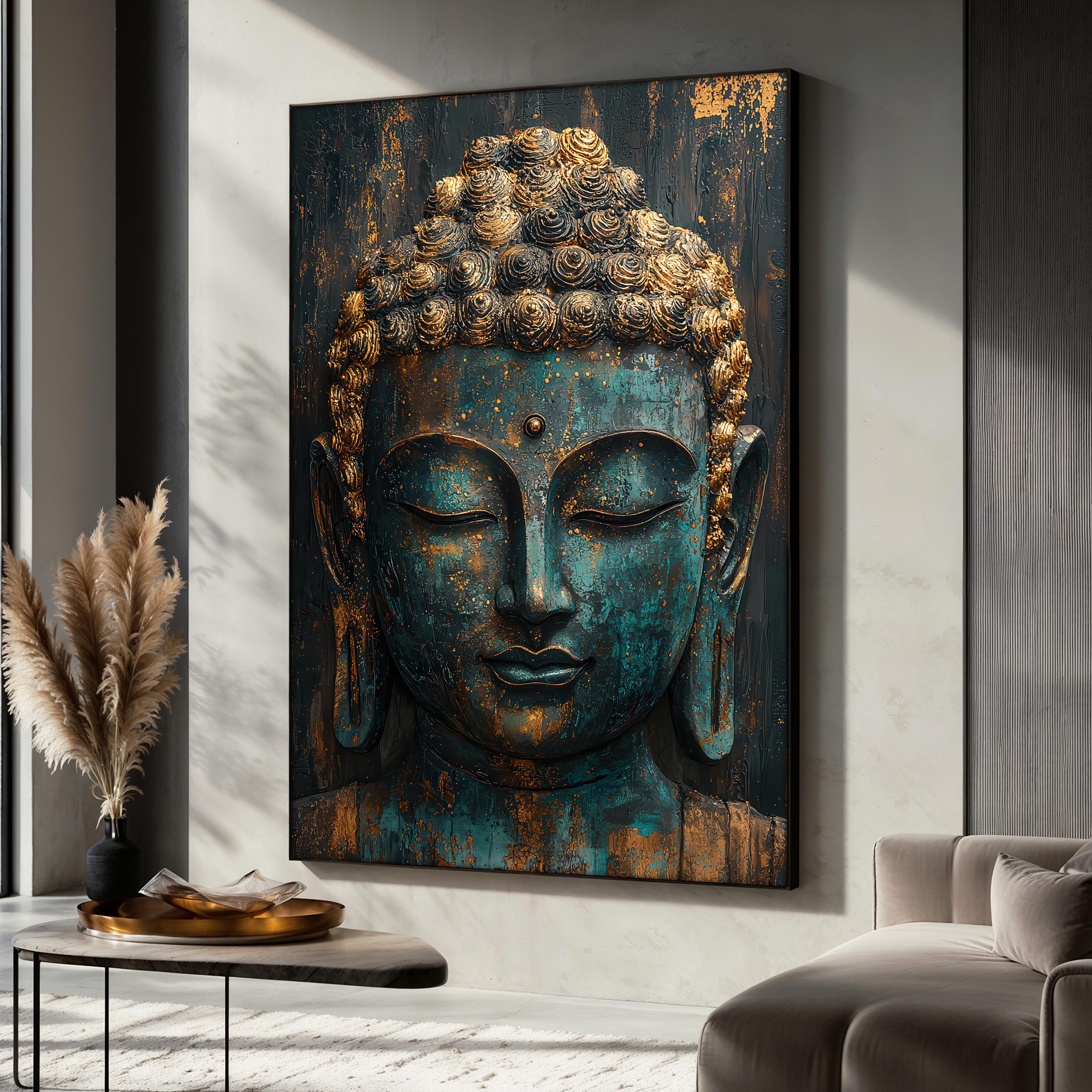 Buddha ウォールアート キャンバスパネル Teal Gold Buddha Canvas Painting, Elegant Zen Wall Art, Spiritual