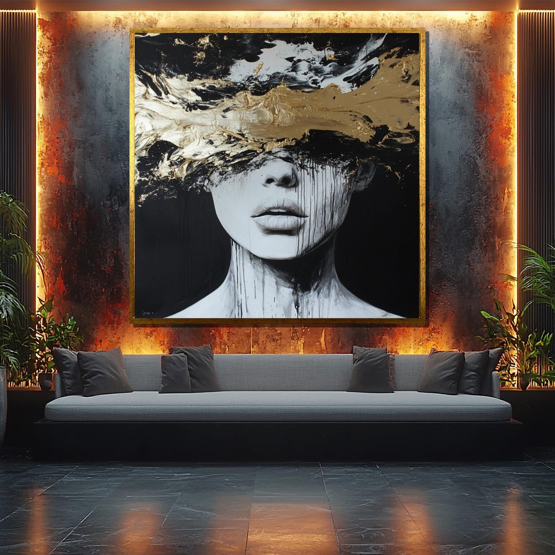 Black and Gold Abstract Woman Canvas Art, Modern Face Painting, Unique ...