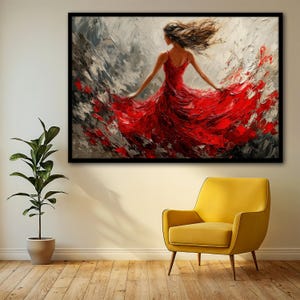 May include: A painting of a woman in a red dress with her hair flowing in the wind. The background is a mix of gray and white.