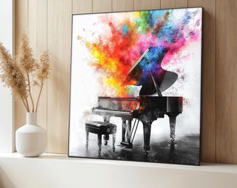 Bunter Flügel Leinwand Gemälde, Abstrakte Wandkunst, Klavier Leinwand, Wohnzimmer Dekor, Lebendiges Modernes Kunstwerk, Musik Liebhaber Geschenk