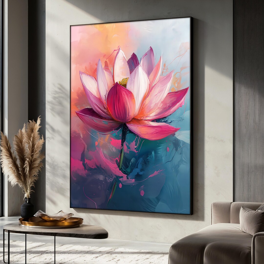 Colorful Lotus Flower Canvas Painting, Vibrant Pink Floral Wall Art ...