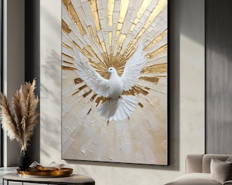 Witte duif canvas schilderij, stralende religieuze muurkunst met gouden lichtstralen, decor heilige geest symbool, elegante christelijke kunst cadeau