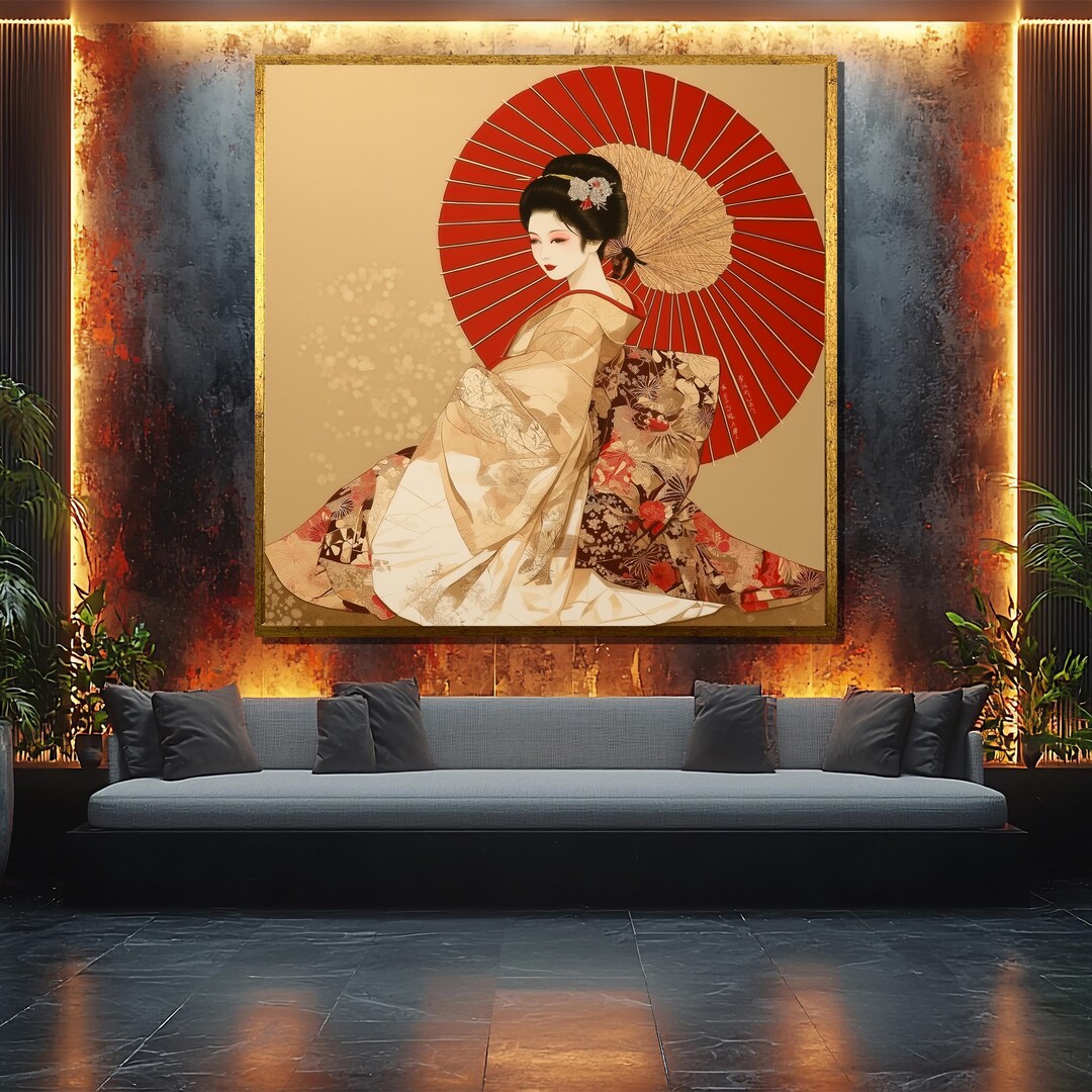 Japanese Woman in Traditional Kimono Canvas Painting, Elegant Geisha ...