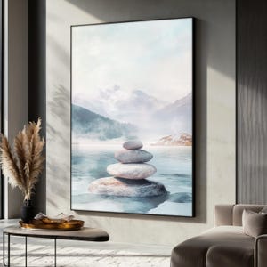 Zen Stone Stack Canvas Painting, Tranquil Mountain Landscape Wall Art, Serene Nature Art, Calm Home Decor, Peaceful Wall Art, Art Gift