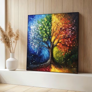 Four Seasons Tree Canvas Painting, Colorful Nature Wall Art, Abstract Seasonal Wall Decor for Living Room, Modern Wall Decoration, Art Gift