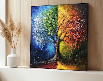 Vier Jahreszeiten Baum Leinwand Gemälde, bunte Natur Wandkunst, abstrakte saisonale Wanddekoration für Wohnzimmer, moderne Wanddekoration, Kunst Geschenk