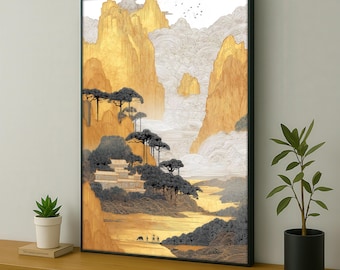 Oriental Landscape Canvas Painting, Golden Mountain Wall Art, Traditional Asian Scenery Print, Elegant Home Decor, Unique Gift
