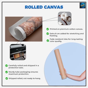 May include: Rolled canvas print, carefully packaged in a protective tube. Printed on premium cotton canvas with fade-resistant inks.  Extra 8 inches added for stretching and framing.  Shipped rolled, not ready to hang.
