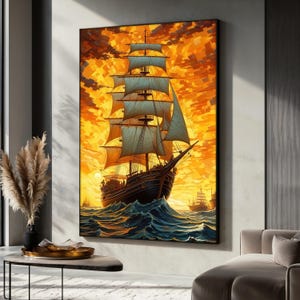 Sailing Ship Canvas Painting, Nautical Wall Art, Ocean Sunset Scene Decor, Vintage Maritime Decor, Pirate Sailing Boat Poster, Perfect Gift