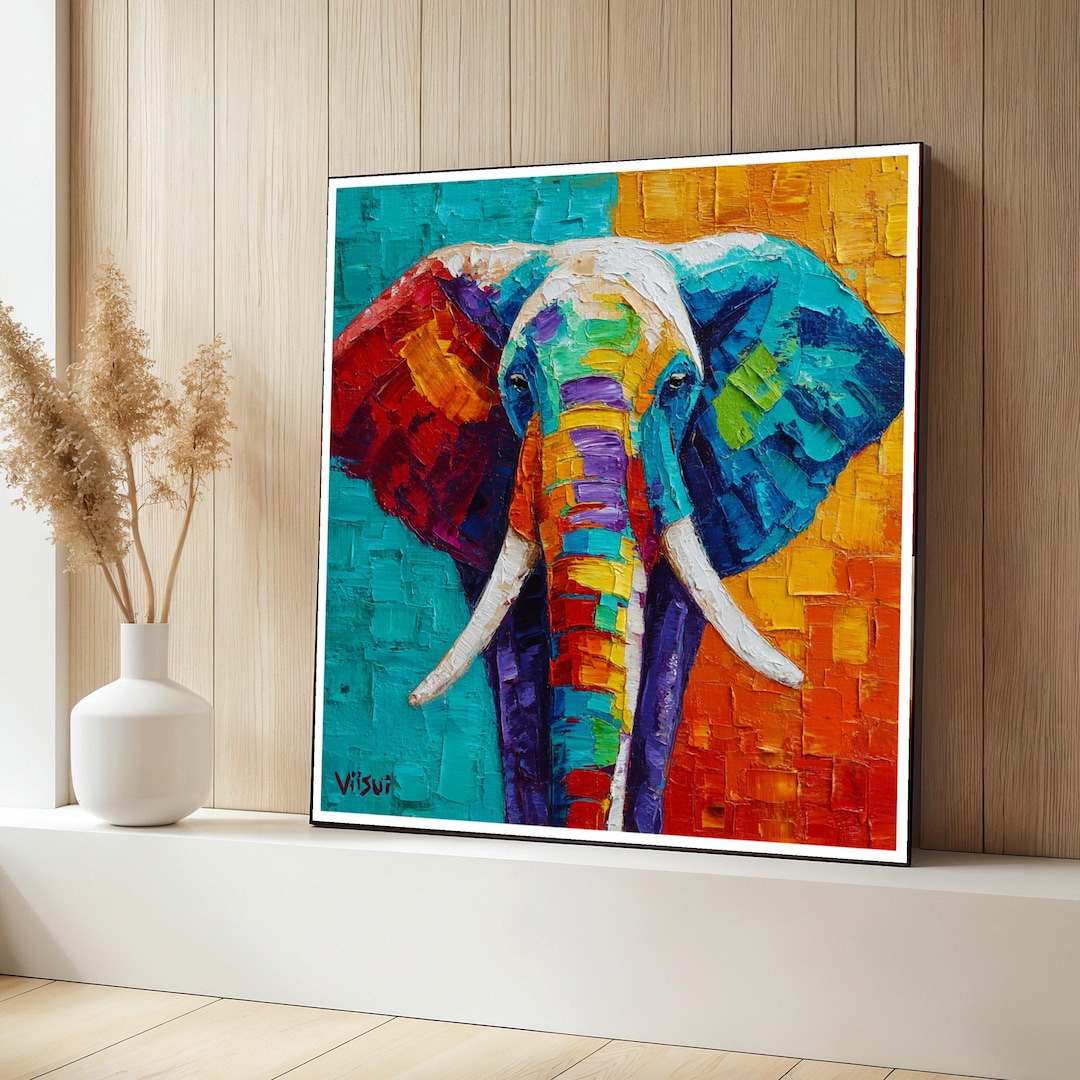 Vibrant Colorful Elephant Canvas Wall Art, Abstract Animal Painting ...