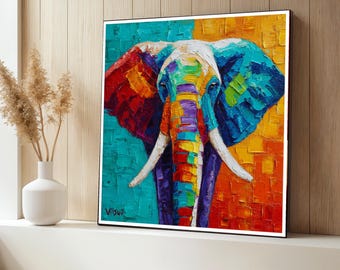 Quadro su tela con elefante colorato e vivace, dipinto astratto di animali, arredamento moderno con animali selvatici, poster di animali, opera d'arte pronta da appendere, idea regalo