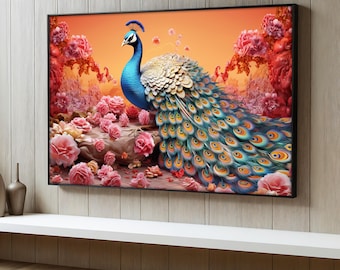 Peacock Canvas Painting, Elegant Bird Wall Art With Roses, Colorful Nature Scene, Floral Home Decor, Unique Gift For Animal And Art Lovers