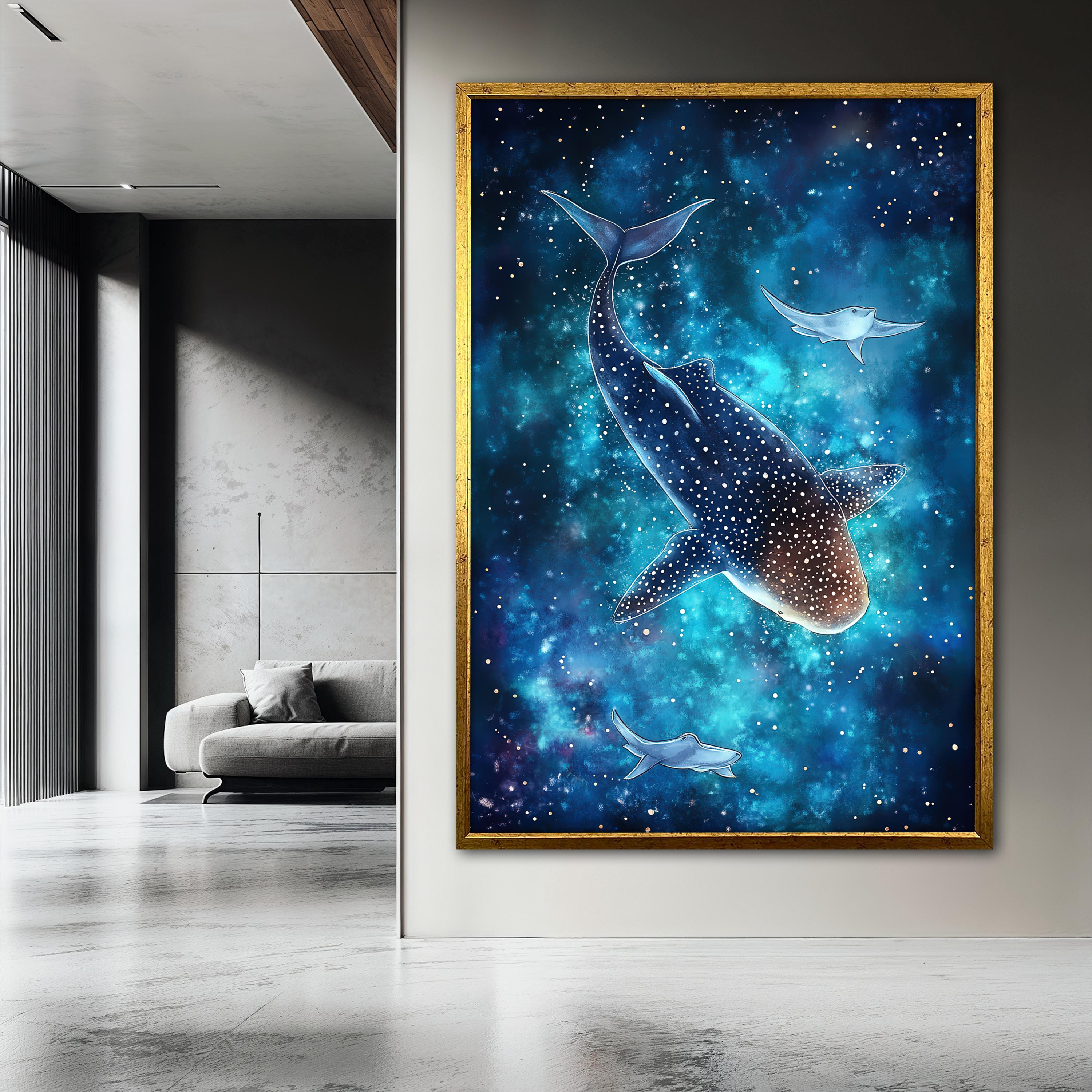 Whale Shark Canvas Art Print, Cosmic Ocean Wall Art With Manta Rays ...