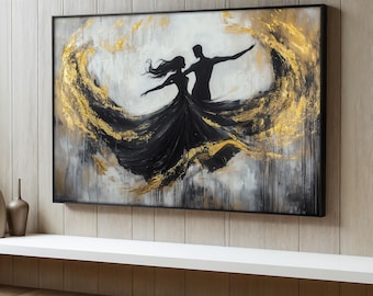Romantic Dancing Couple Canvas Painting, Gold and Black Abstract Wall Art, Elegant Modern Home Decor,  Dance Canvas, Unique Dance Gift Idea