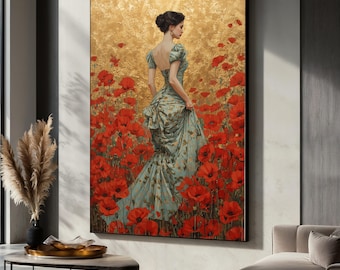 Elegant Woman in Floral Dress Canvas, Red Poppy Field Wall Art, Gold Background Painting, Victorian Style Canvas, Classic Female Portrait