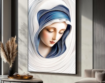 Virgin Mary Canvas Painting, Holy Mother Wall Art, Catholic Religious Decor, Blessed Mary Artwork, Spiritual Faith Art, Christian Home Gift