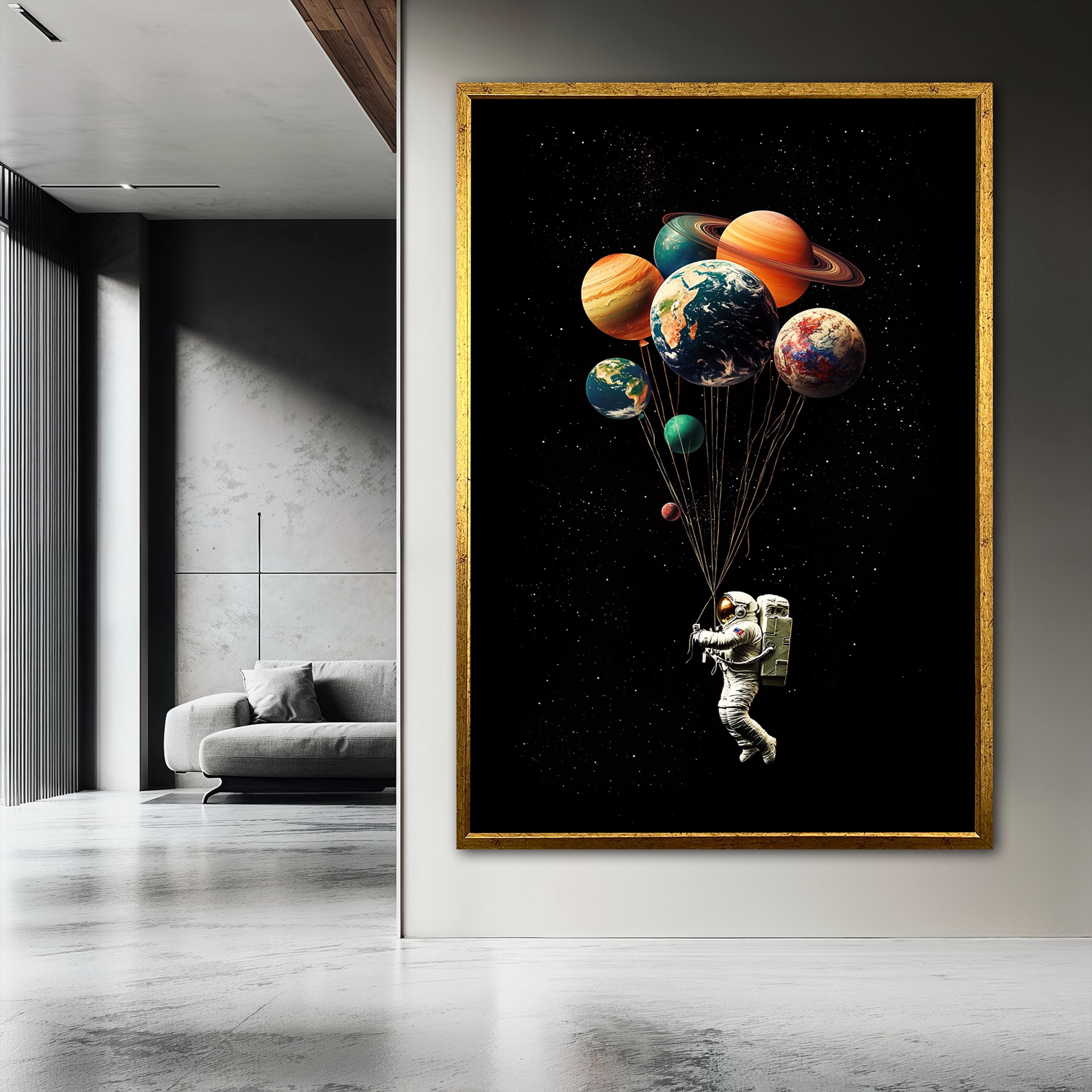 Astronaut Canvas Painting With Planets as Balloons, Space Wall Art ...