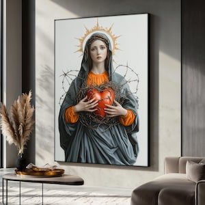 Sacred Heart Virgin Mary Canvas Painting, Catholic Religious Wall Art, Holy Mother Decor, Christian Faith Artwork, Spiritual Gift