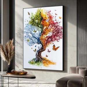 Four Seasons Tree Canvas Print, Colorful Nature Wall Art, Abstract Butterfly Decor, Fantasy Forest Poster, Vibrant Landscape Art, Gift Idea
