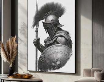 スパルタ戦士のキャンバス絵画、古代ギリシャの剣闘士のウォールアート、男の隠れ家のための白黒ヘルメットアートワーク、部屋の装飾、完璧な贈り物