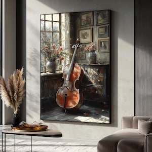 May include: A framed canvas print depicts a cello leaning against a window in a room. The cello is brown with a reddish hue. The room has a vintage aesthetic, with a dark wooden dresser, vases of flowers, and framed pictures on the wall.