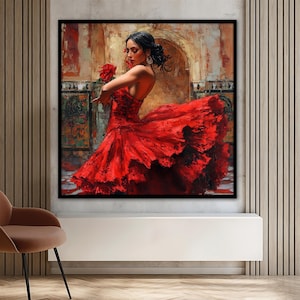 May include: A painting of a woman in a red dress with a flowing skirt. She is holding a red rose in her hand and is looking down at it. The background is a blurred image of a building with an archway.