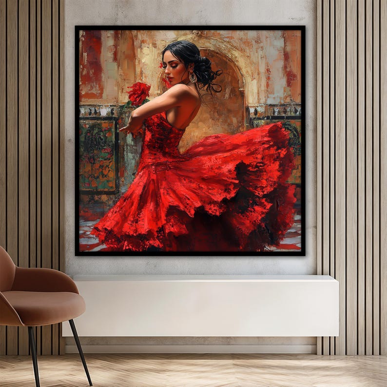 May include: A painting of a woman in a red dress with a flowing skirt. She is holding a red rose in her hand and is looking down at it. The background is a blurred image of a building with an archway.