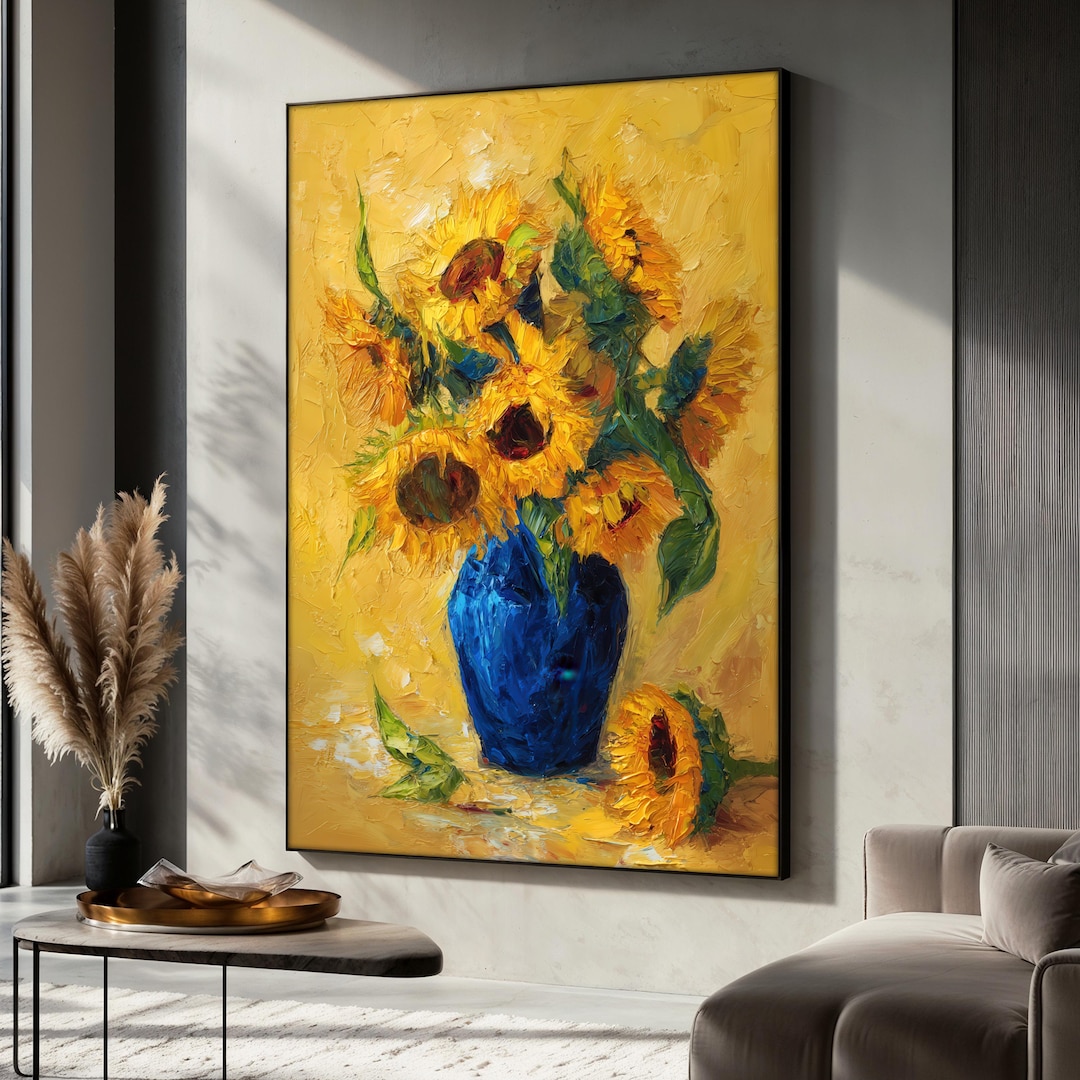 Sunflower Canvas Painting With Blue Vase, Bright Yellow Wall Art ...