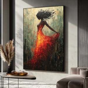 Abstract Woman Canvas Painting, Red Dress Silhouette Wall Art for Living Room, Elegant Female Gift Idea, Modern Art Home Decor