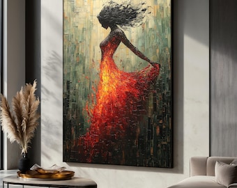Abstract Woman Canvas Painting, Red Dress Silhouette Wall Art for Living Room, Elegant Female Gift Idea, Modern Art Home Decor