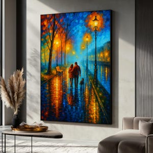 Colorful City Walk Canvas Print, Romantic Couple Art, Abstract Canvas, Rainy Street Lights Wall Decor, Modern Impressionist Print, Art Gift