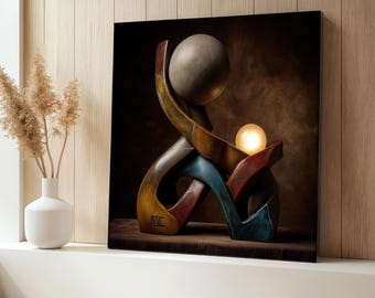 Abstract Sculpture Canvas Painting, Modern Family Hug Wall Art, Warm Light Figure Decor, Contemporary Artwork, Unique Gift