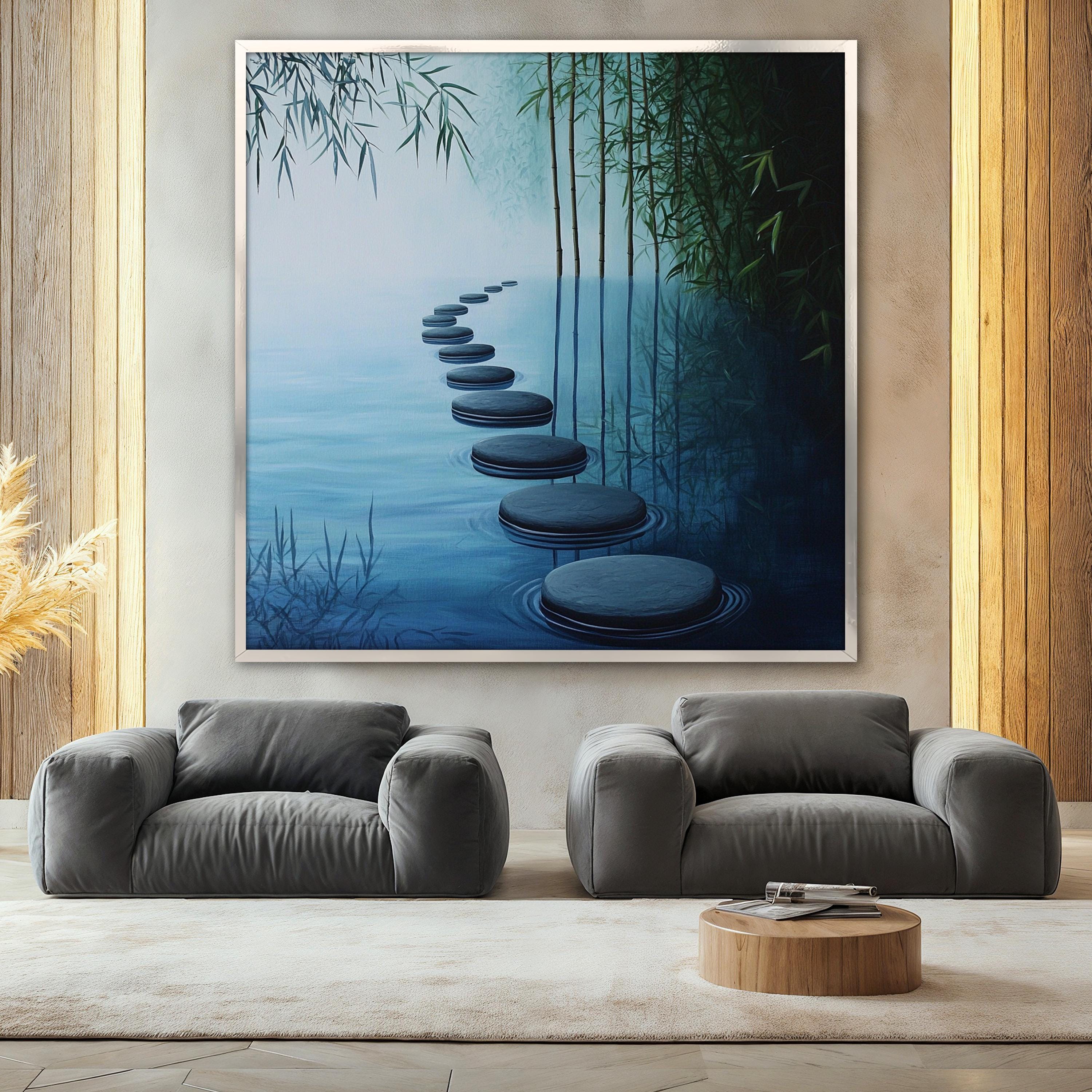Blue Zen Pathway Canvas Painting, Bamboo and Water Wall Art, Yoga