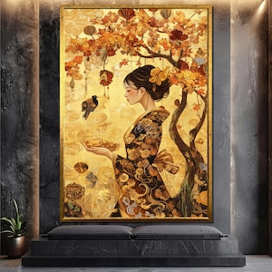 Golden Autumn Japanese Canvas Painting – Elegant Woman in Kimono with Tree and Bird Oriental Wall Art for Cozy Home Décor or Gift